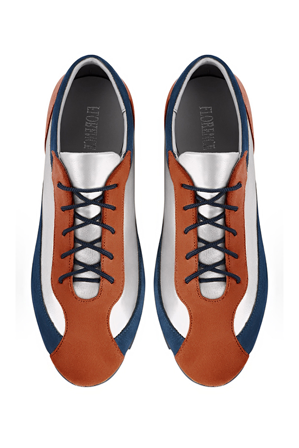 Terracotta orange, light silver and navy blue women's elegant sneakers. Round toe. Flat rubber soles. Top view - Florence KOOIJMAN